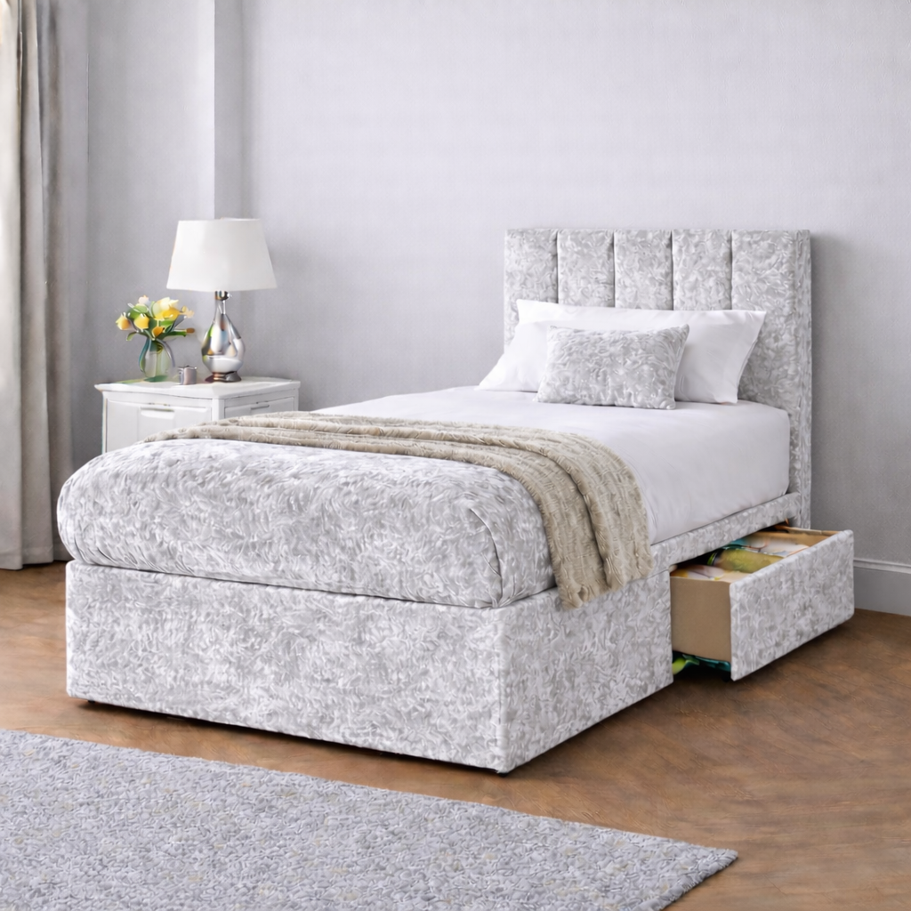 Crushed Velvet Bed with Headboard, Mattress & Drawer