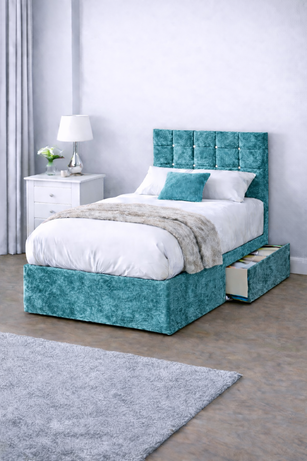 Crushed Velvet Bed with Headboard, Mattress & Drawer