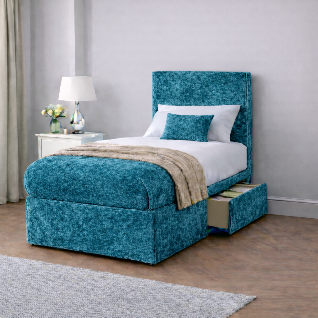 Crushed Velvet Bed with Headboard, Mattress & Drawer
