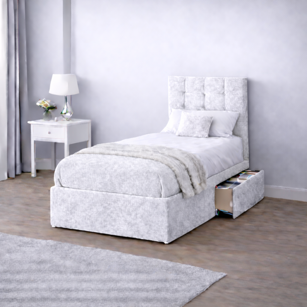 Crushed Velvet Bed with Headboard, Mattress & Drawer