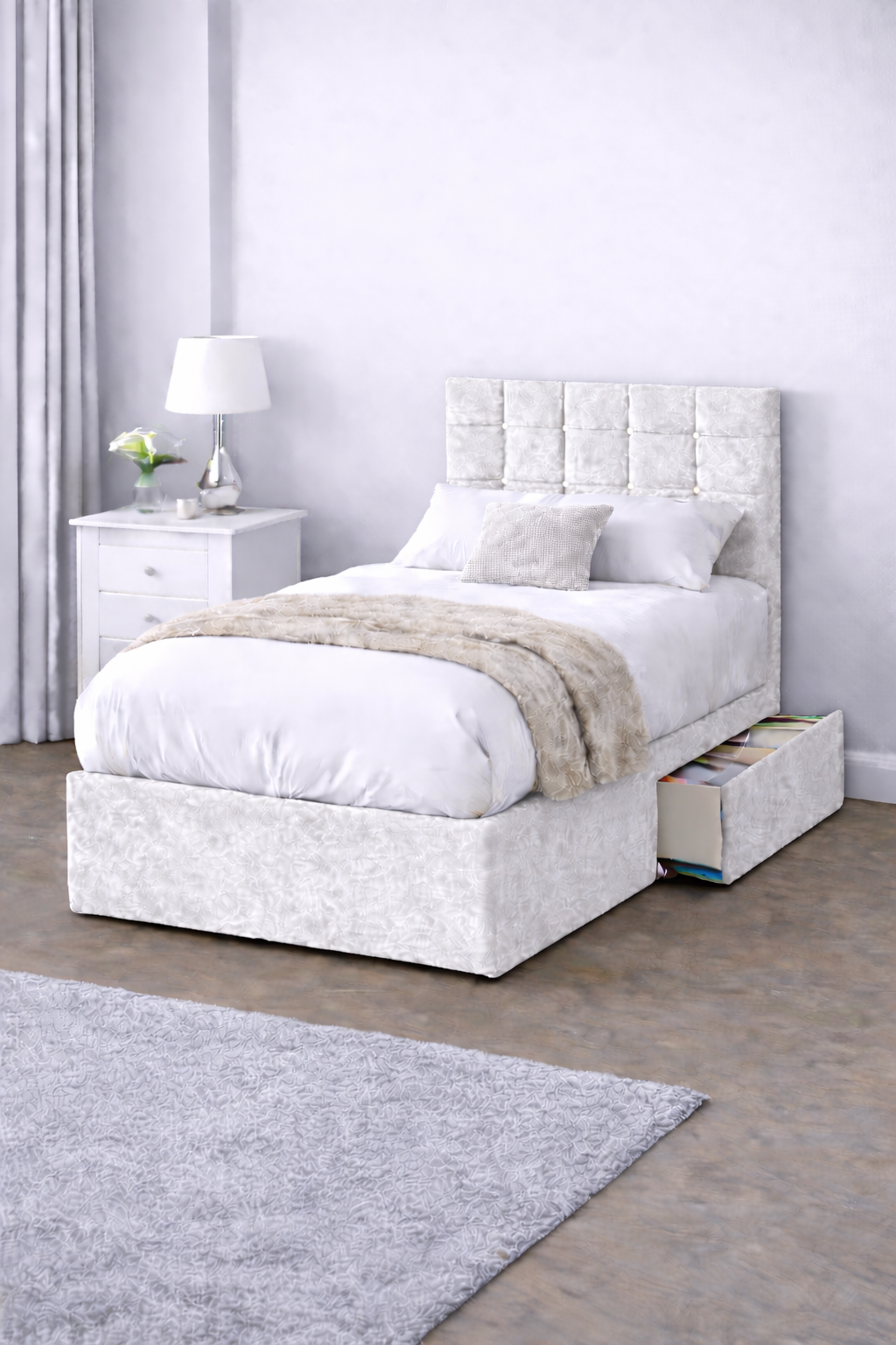 Crushed Velvet Bed with Headboard, Mattress & Drawer