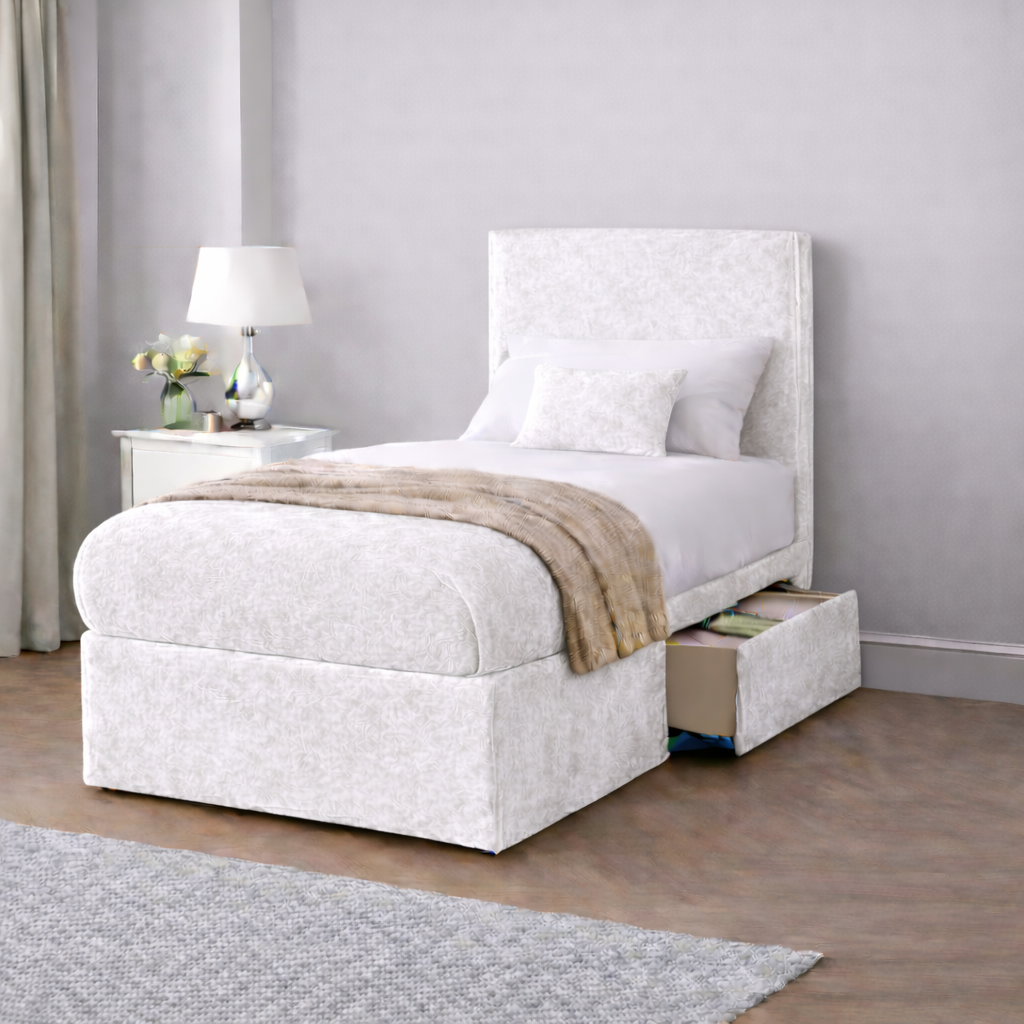 Crushed Velvet Bed with Headboard, Mattress & Drawer