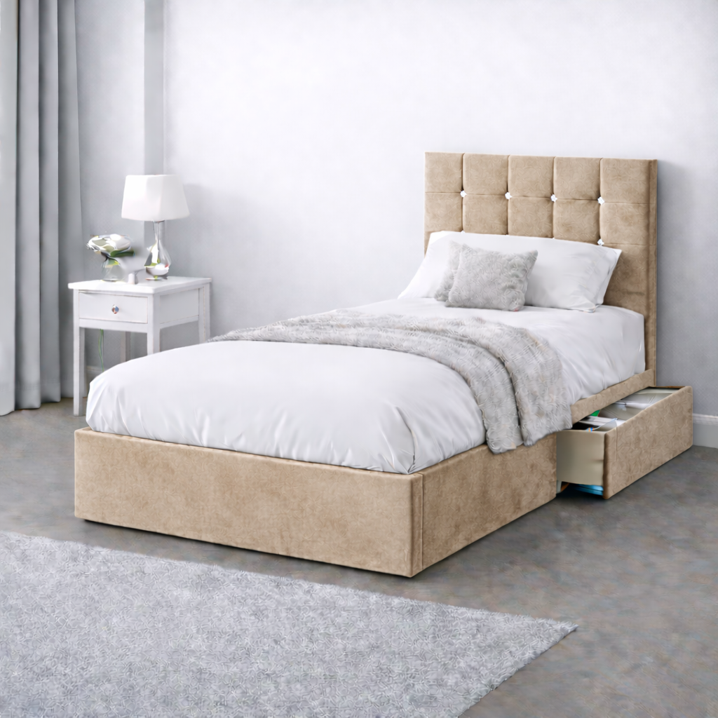 Plush Velvet Bed with Headboard, Mattress & Drawer