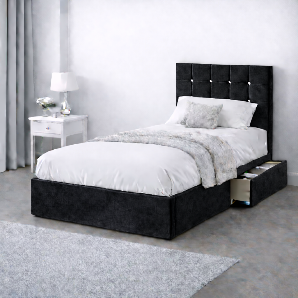 Plush Velvet Bed with Headboard, Mattress & Drawer