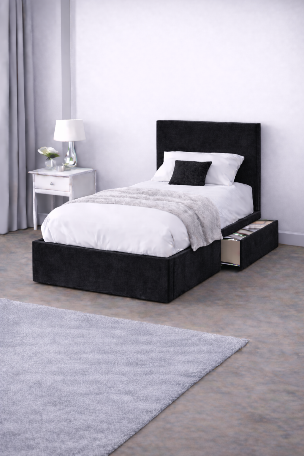 Plush Velvet Bed with Headboard, Mattress & Drawer
