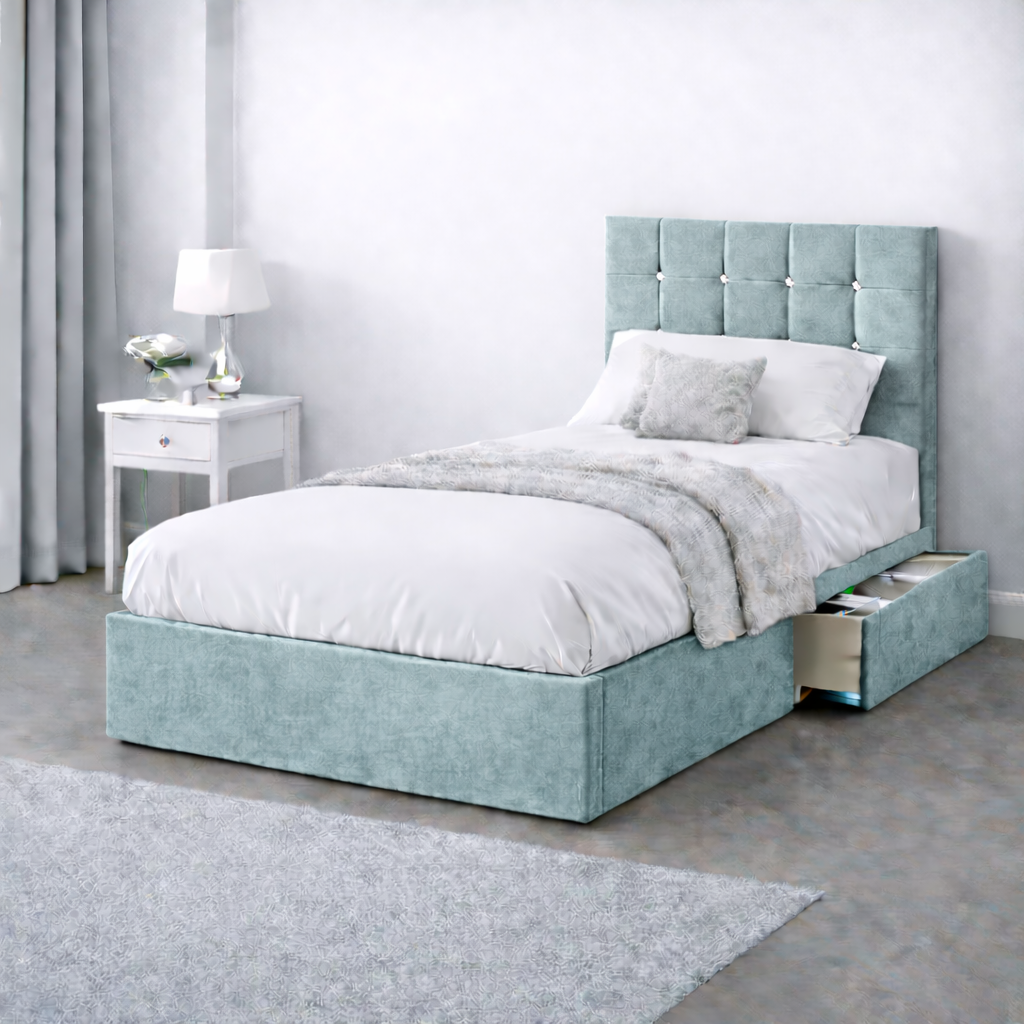 Plush Velvet Bed with Headboard, Mattress & Drawer