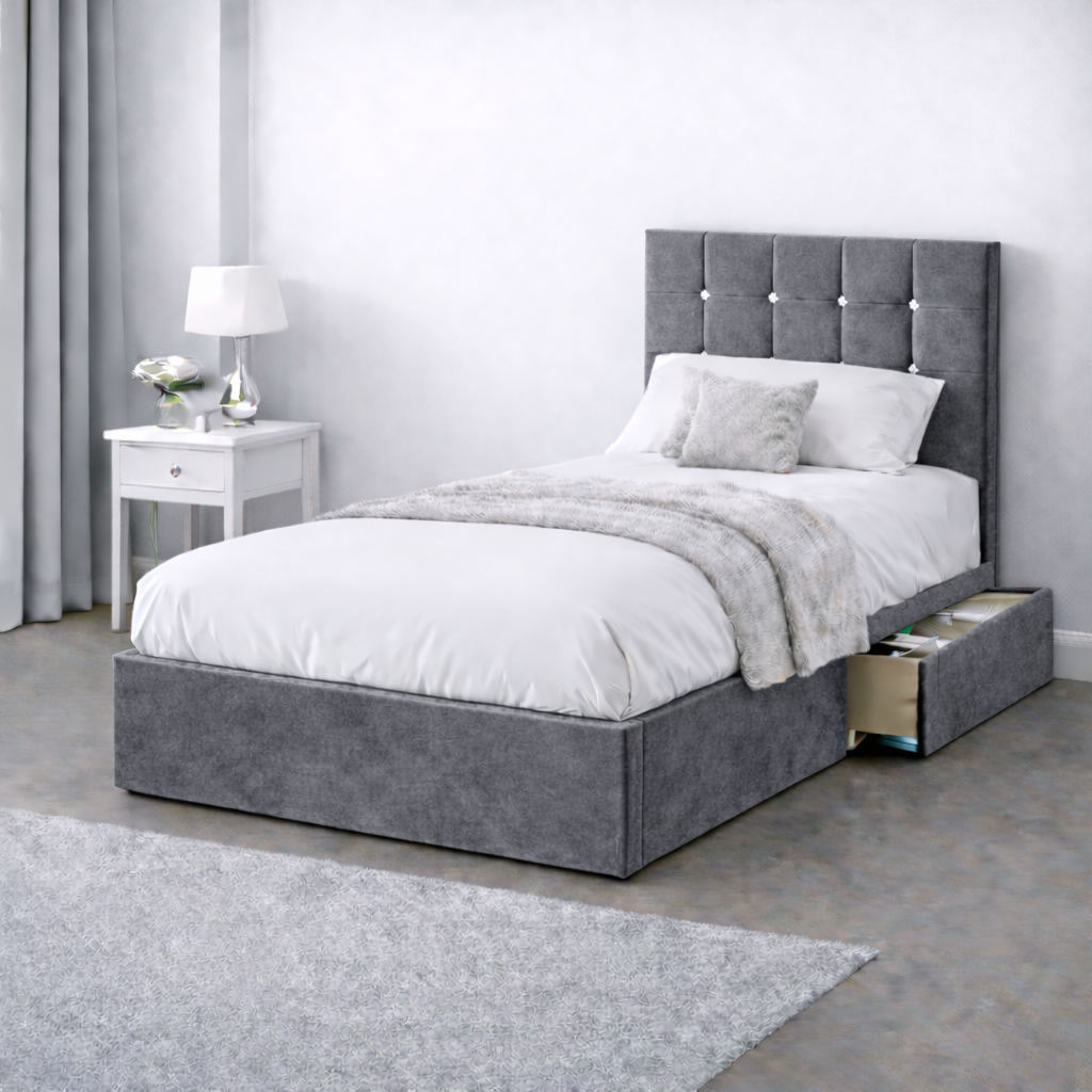 Plush Velvet Bed with Headboard, Mattress & Drawer