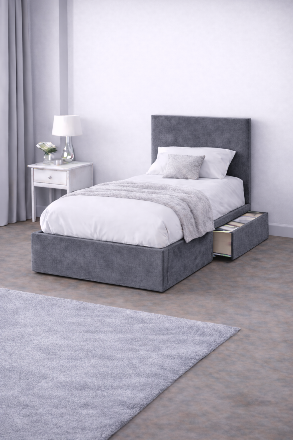 Plush Velvet Bed with Headboard, Mattress & Drawer