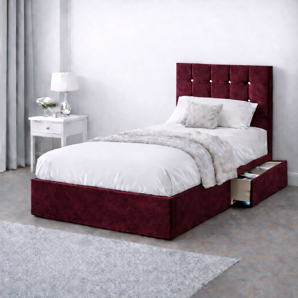 Plush Velvet Bed with Headboard, Mattress & Drawer