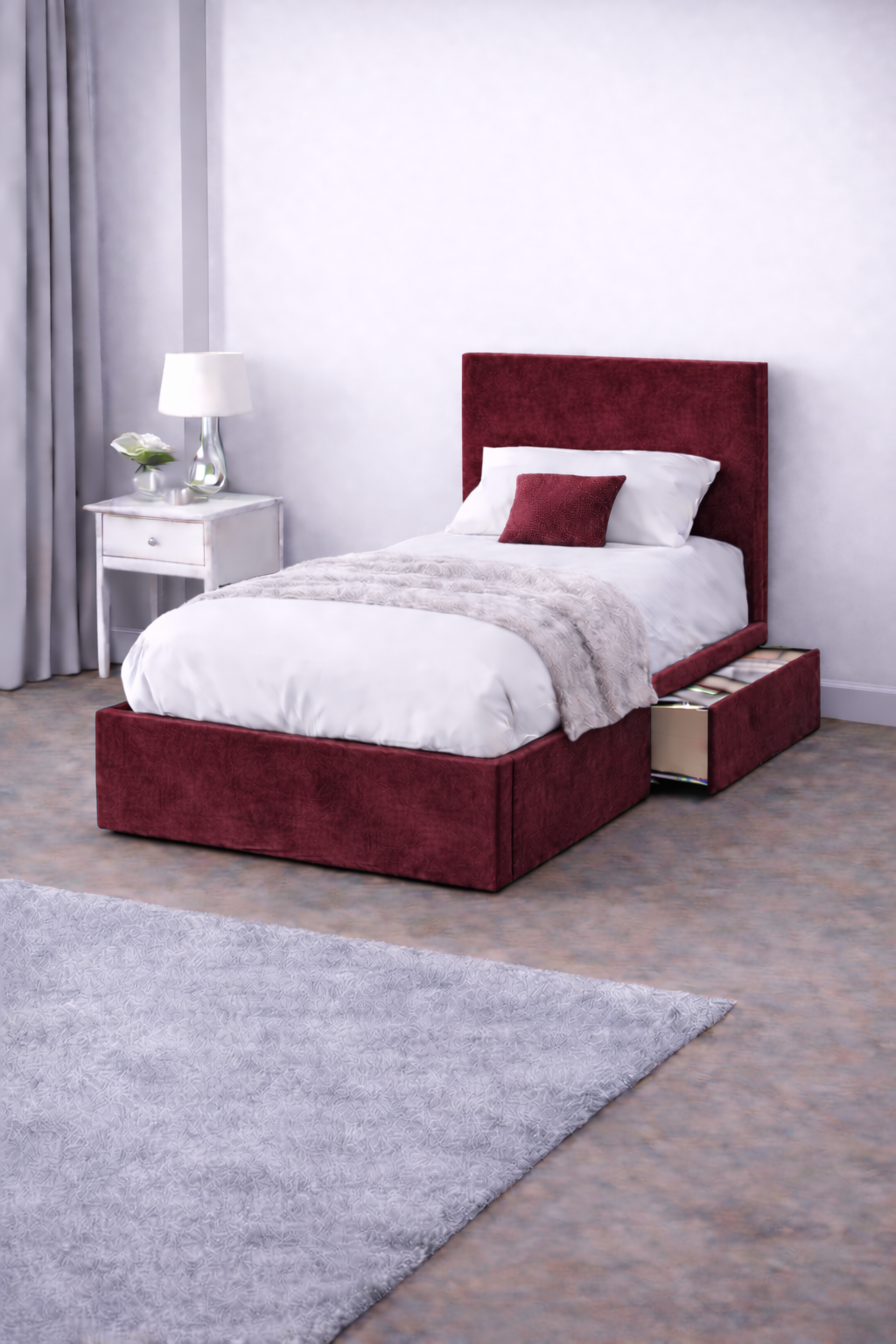 Plush Velvet Bed with Headboard, Mattress & Drawer