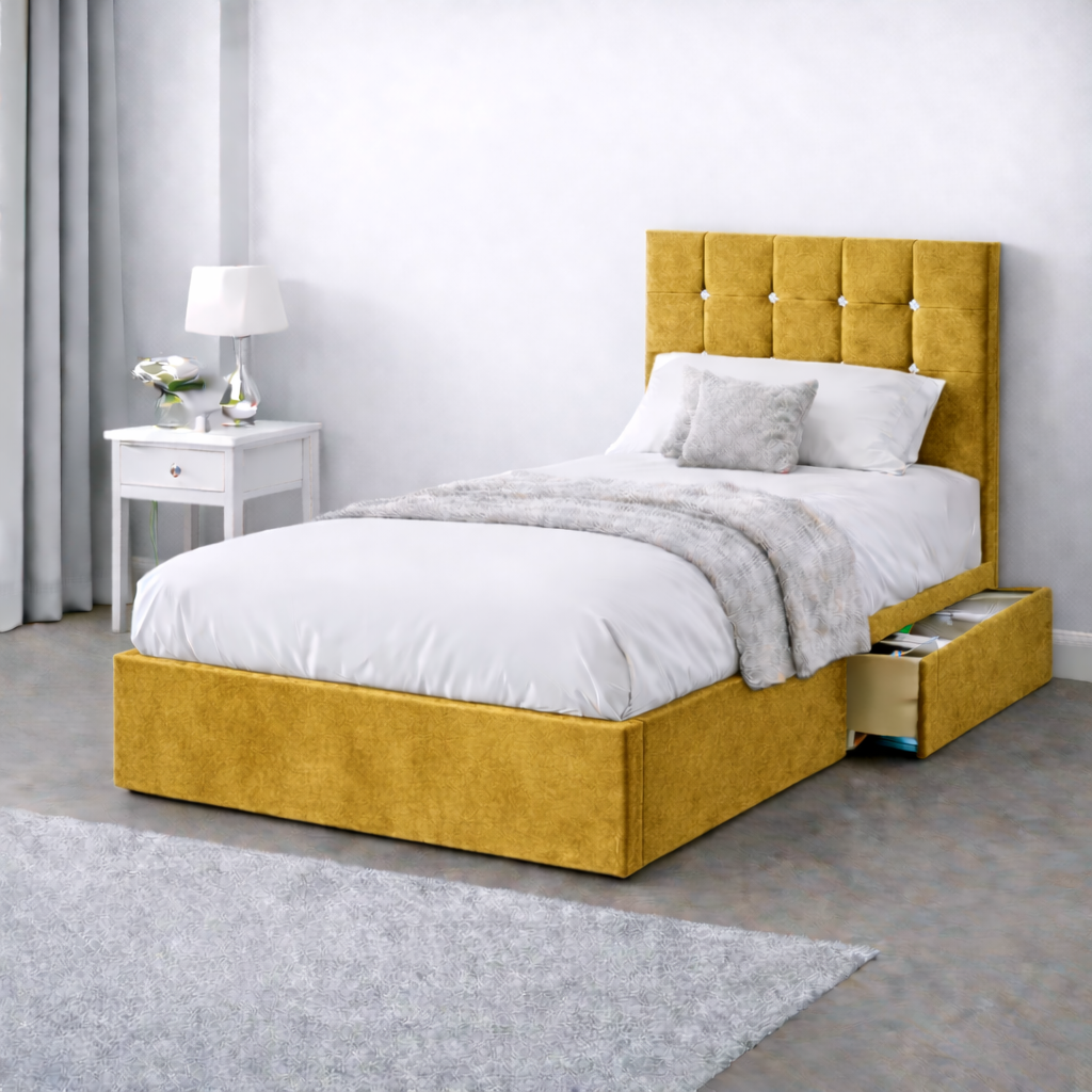 Plush Velvet Bed with Headboard, Mattress & Drawer