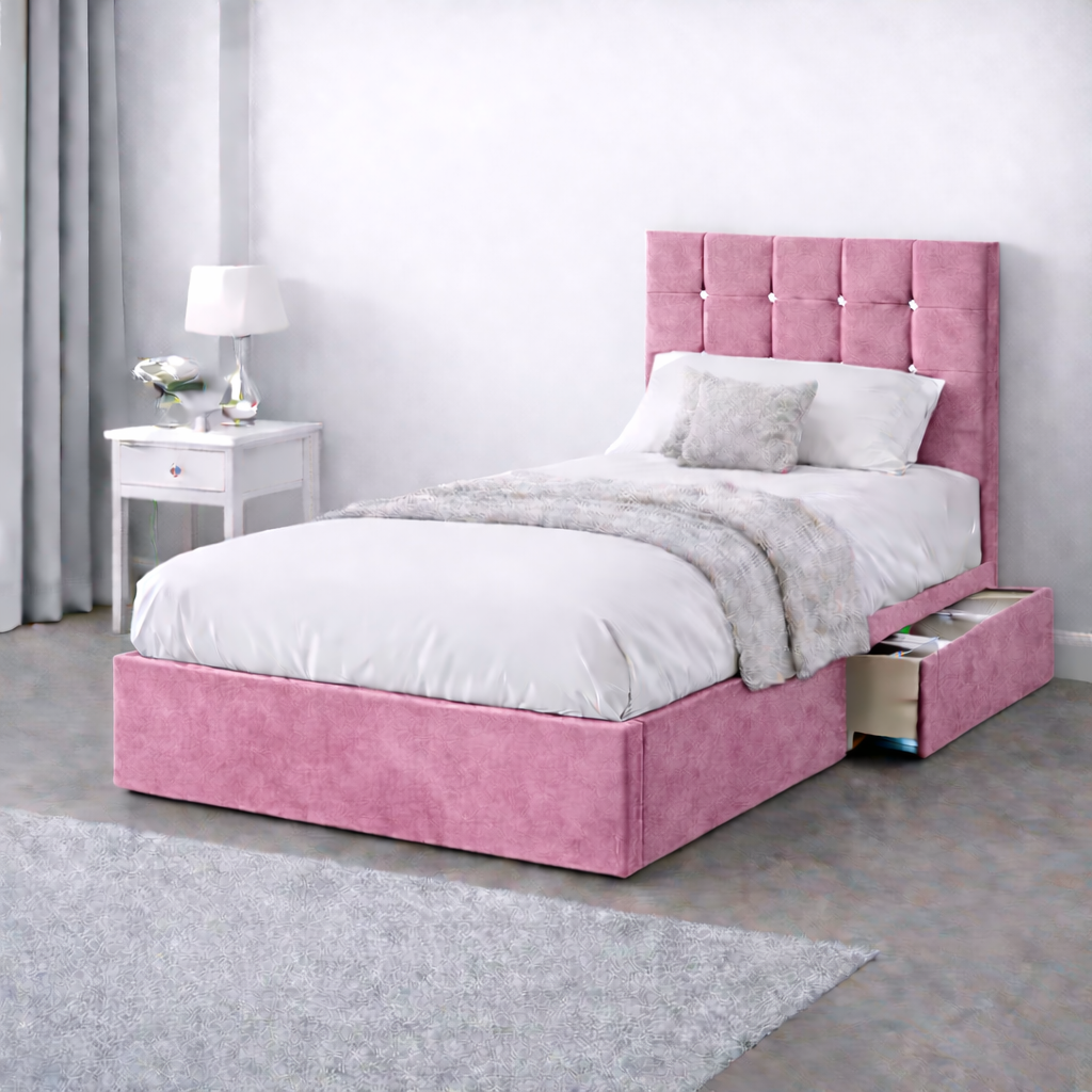 Plush Velvet Bed with Headboard, Mattress & Drawer