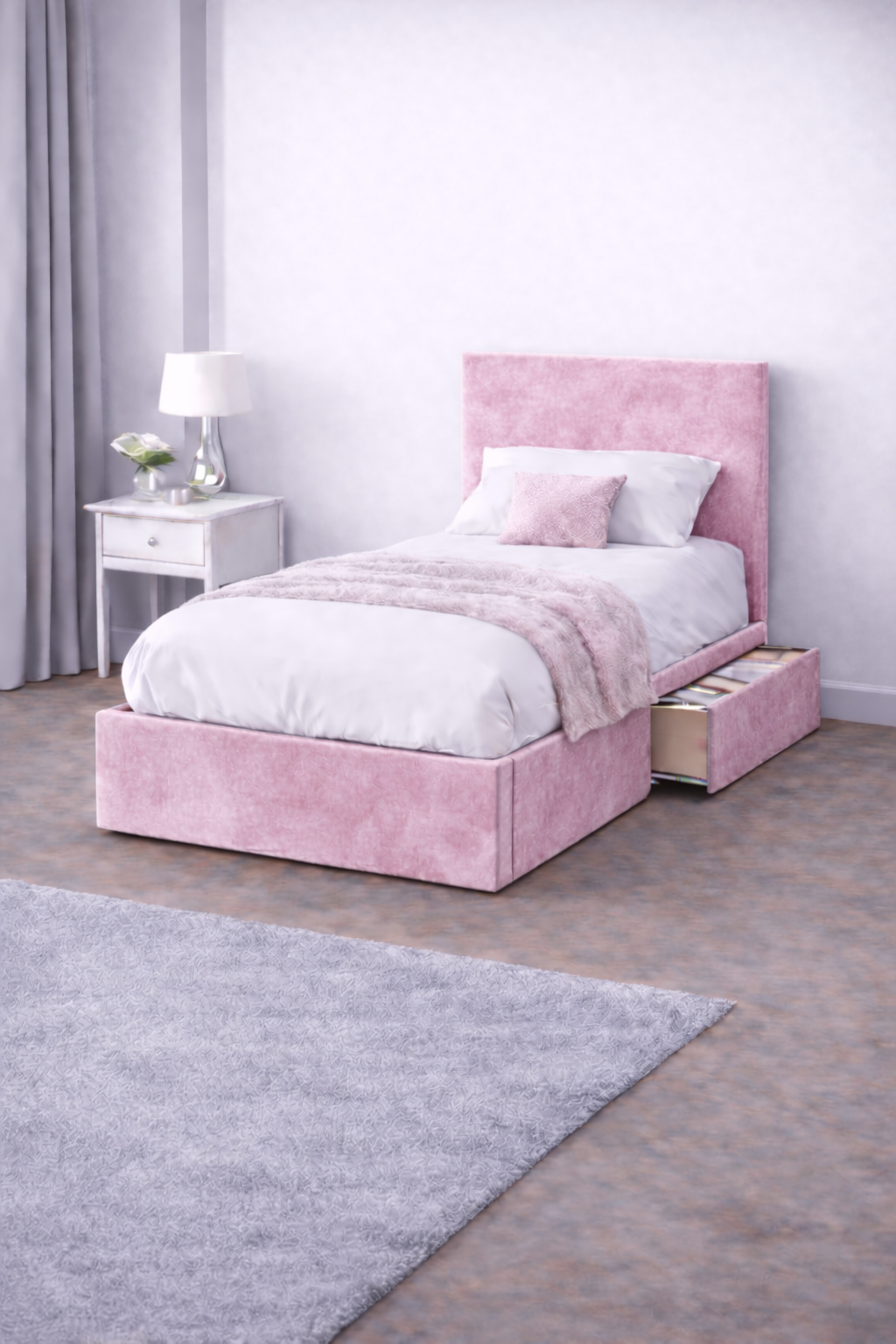 Plush Velvet Bed with Headboard, Mattress & Drawer