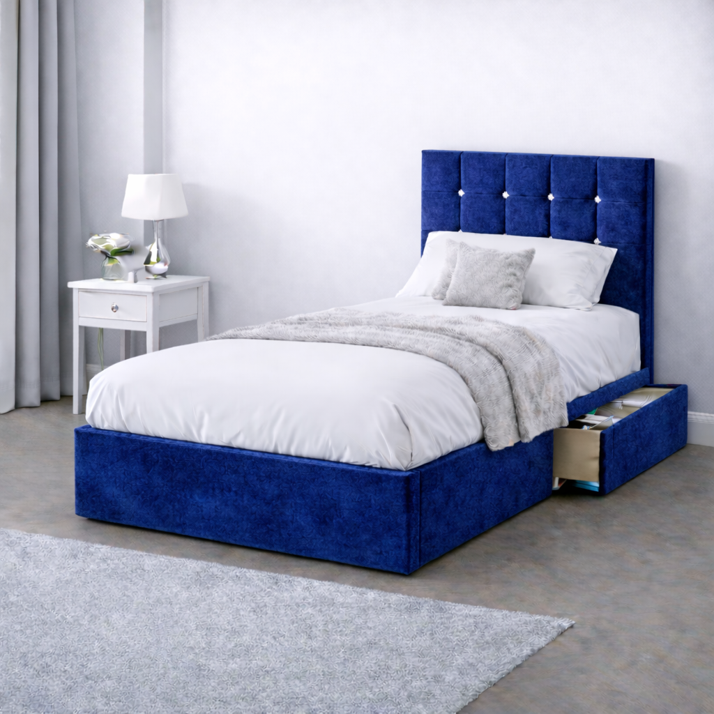 Plush Velvet Bed with Headboard, Mattress & Drawer