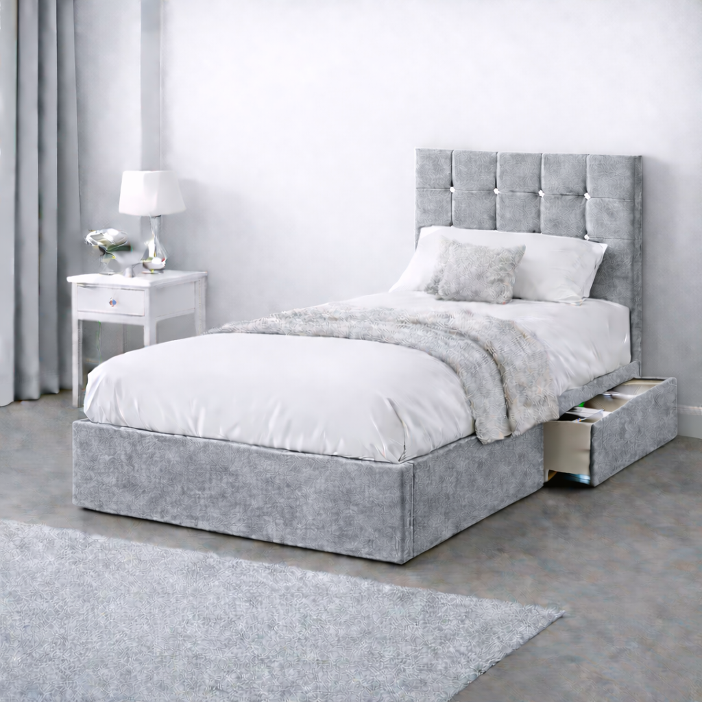 Plush Velvet Bed with Headboard, Mattress & Drawer