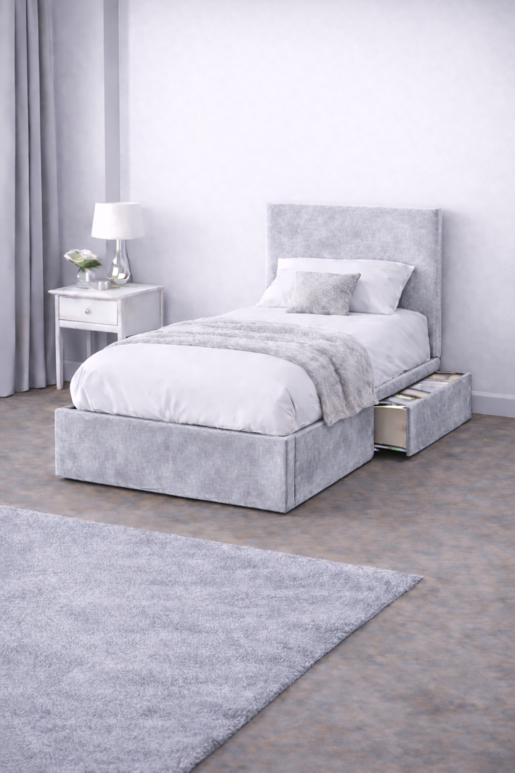Plush Velvet Bed with Headboard, Mattress & Drawer