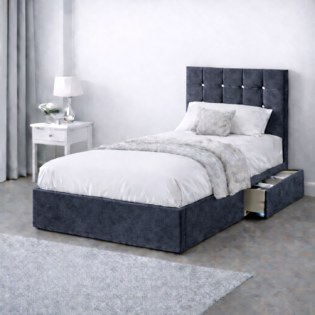 Plush Velvet Bed with Headboard, Mattress & Drawer