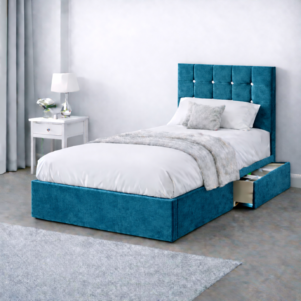 Plush Velvet Bed with Headboard, Mattress & Drawer