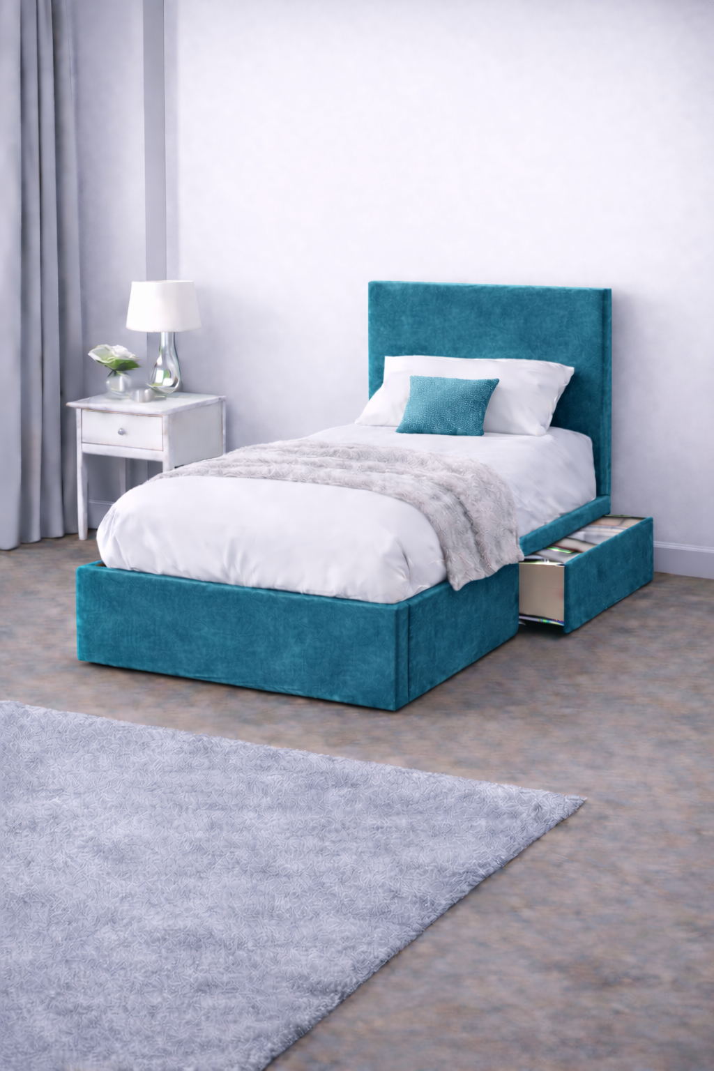 Plush Velvet Bed with Headboard, Mattress & Drawer