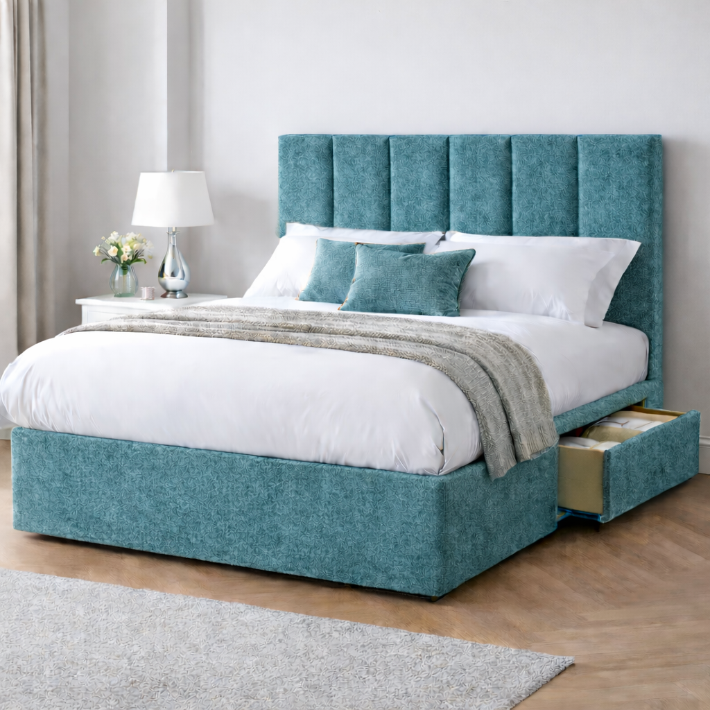 Chenille Bed with Headboard, Mattress & Drawer